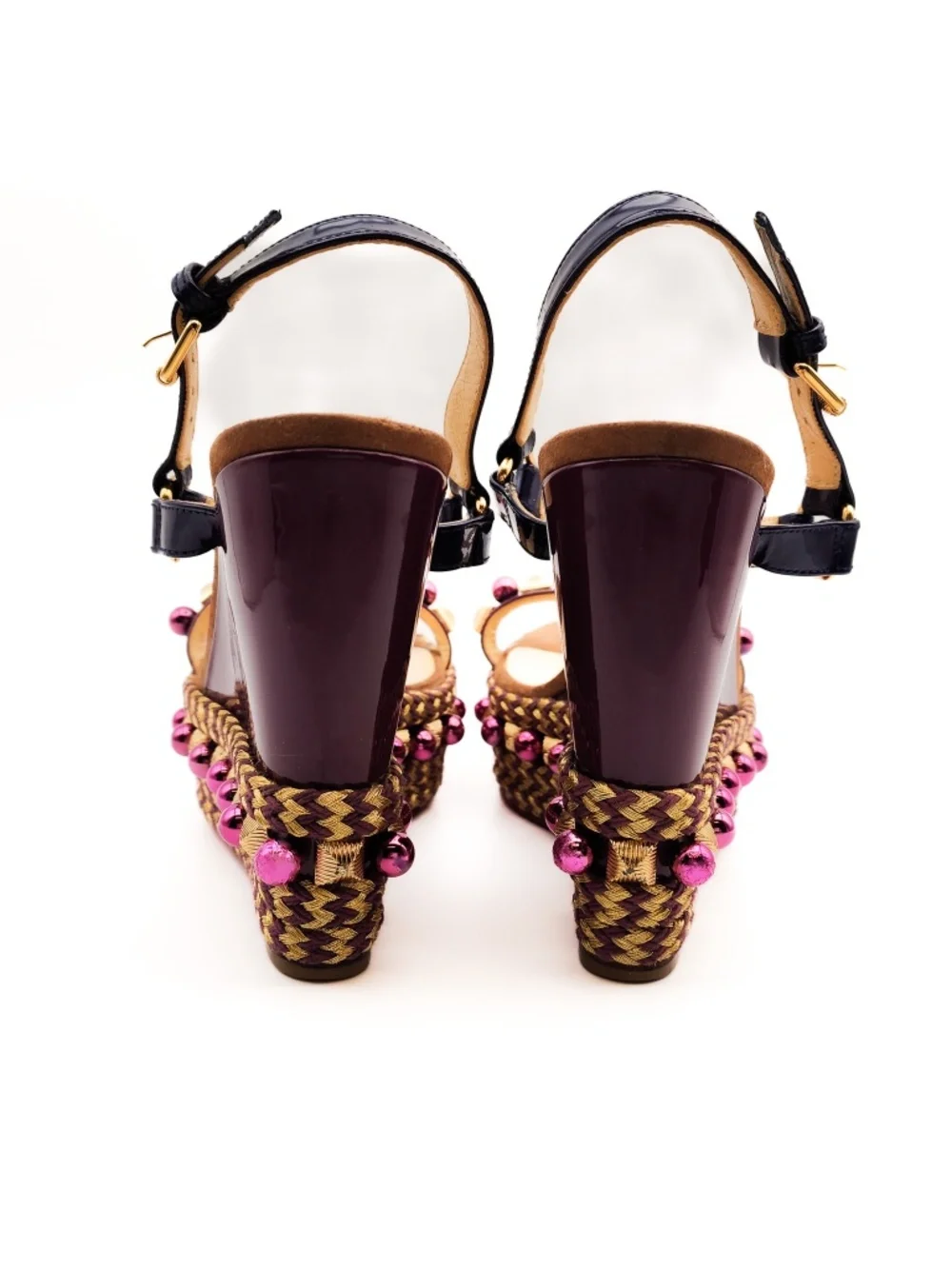 Christian Louboutin Burgundy Brown Studded Wedge Platform Sandals EU 37